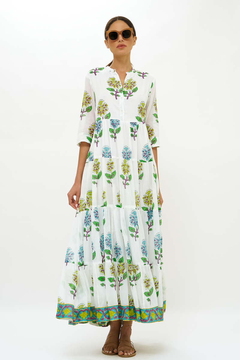 Button Neck 3/4 Sleeve Maxi- Puglia Lime