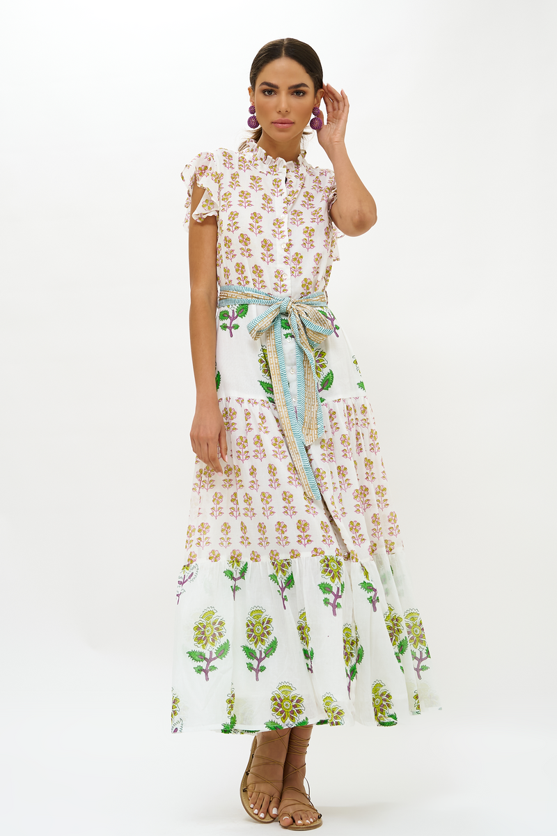 Ruffle Collar Button Maxi- Puglia Lime