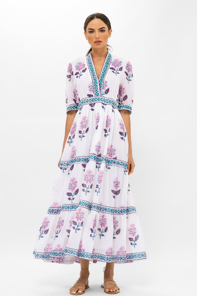 V-Neck Cuffed Maxi- Puglia Petal