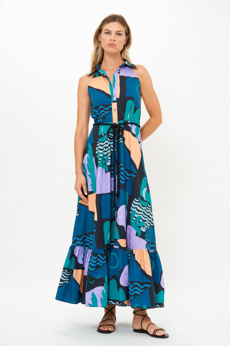 Sleeveless Shirt Dress Maxi- Riviera Blue