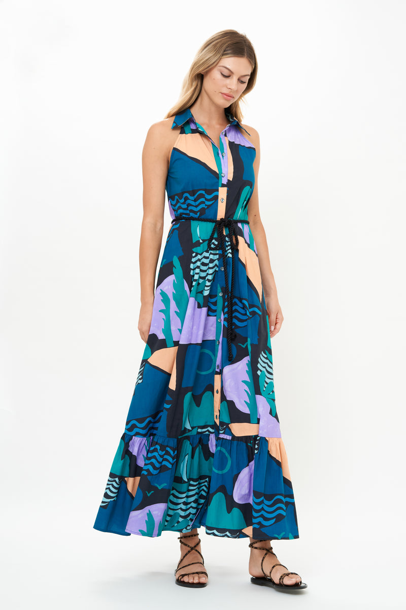 Sleeveless Shirt Dress Maxi- Riviera Blue