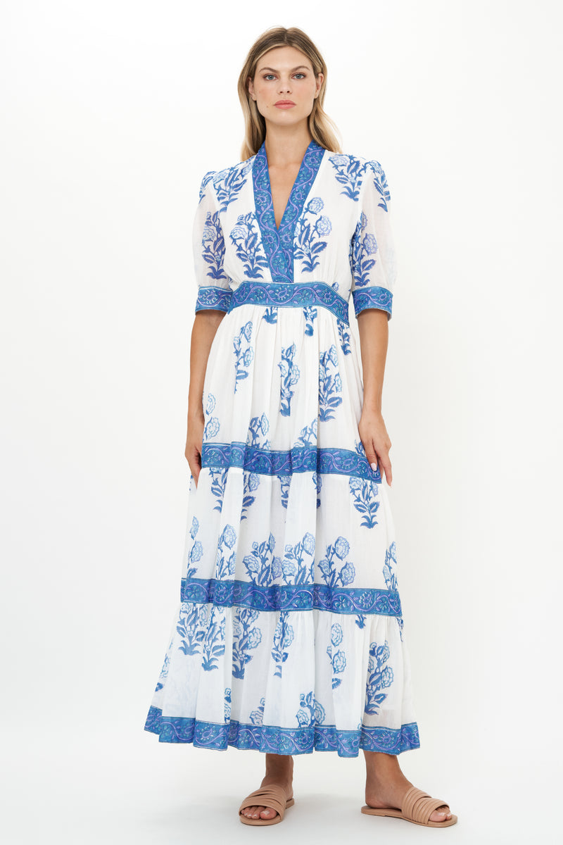 V-Neck Cuffed Maxi- Salvia Blue