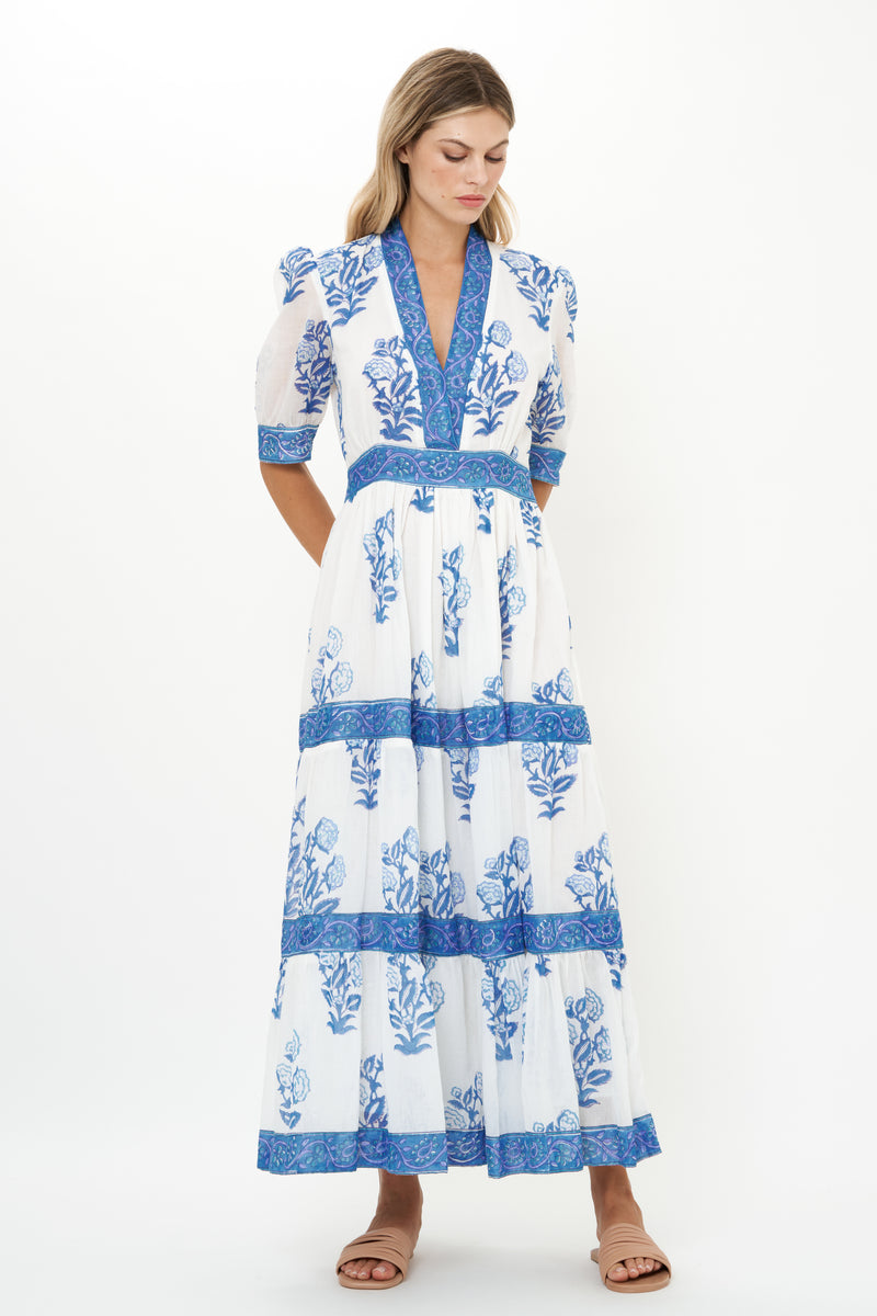 V-Neck Cuffed Maxi- Salvia Blue