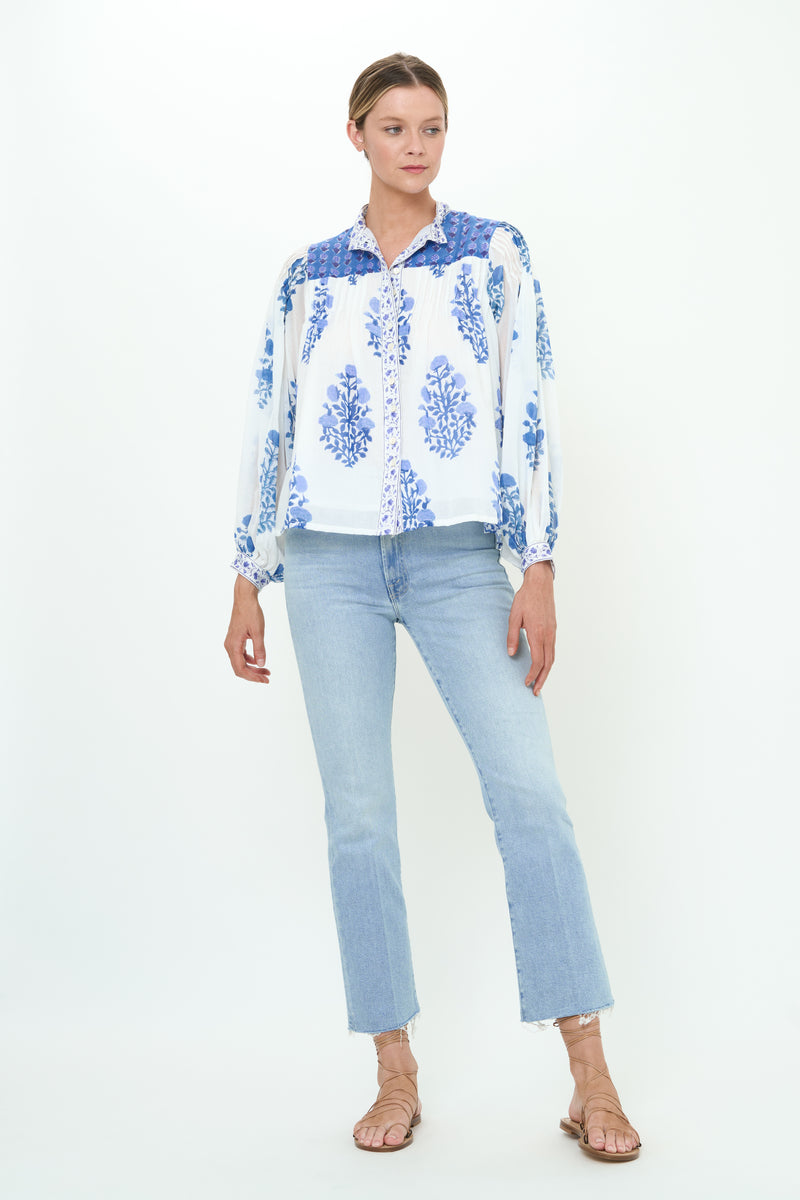 Mandarin Pintuck Blouse- Salvia Blue