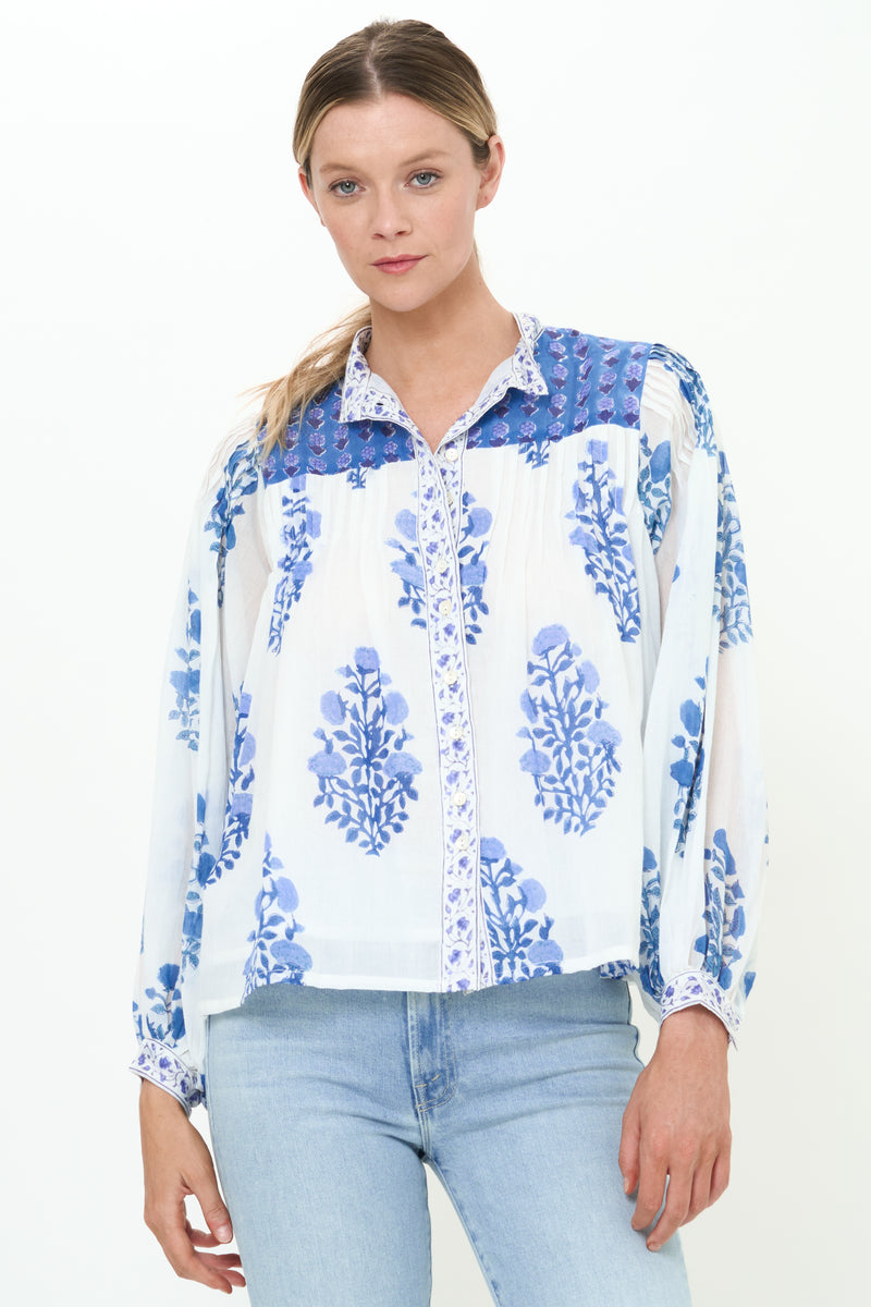 Mandarin Pintuck Blouse- Salvia Blue