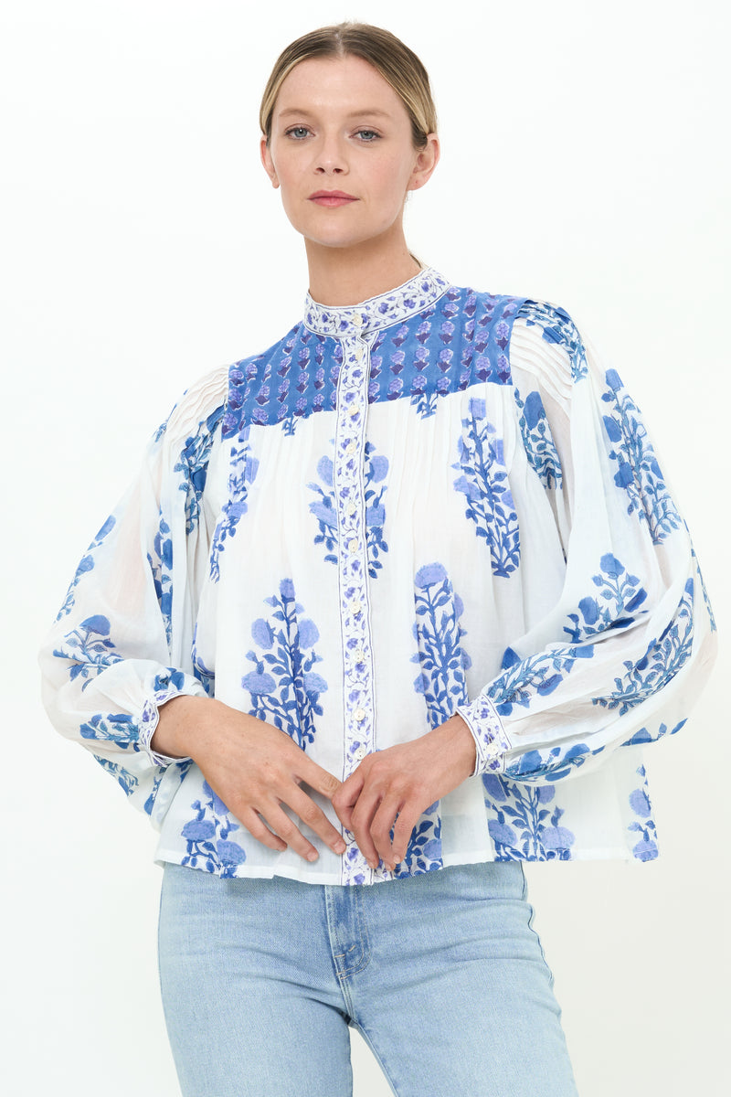 Mandarin Pintuck Blouse- Salvia Blue