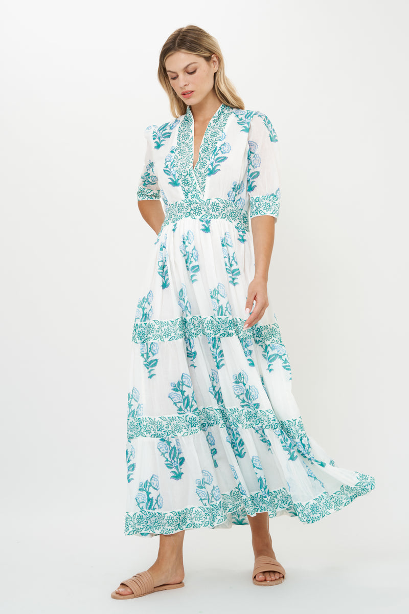 V-Neck Cuffed Maxi- Salvia Green