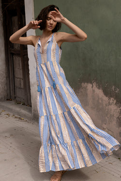 Long Tiered Tassel Dress- Samoa Blue Gold