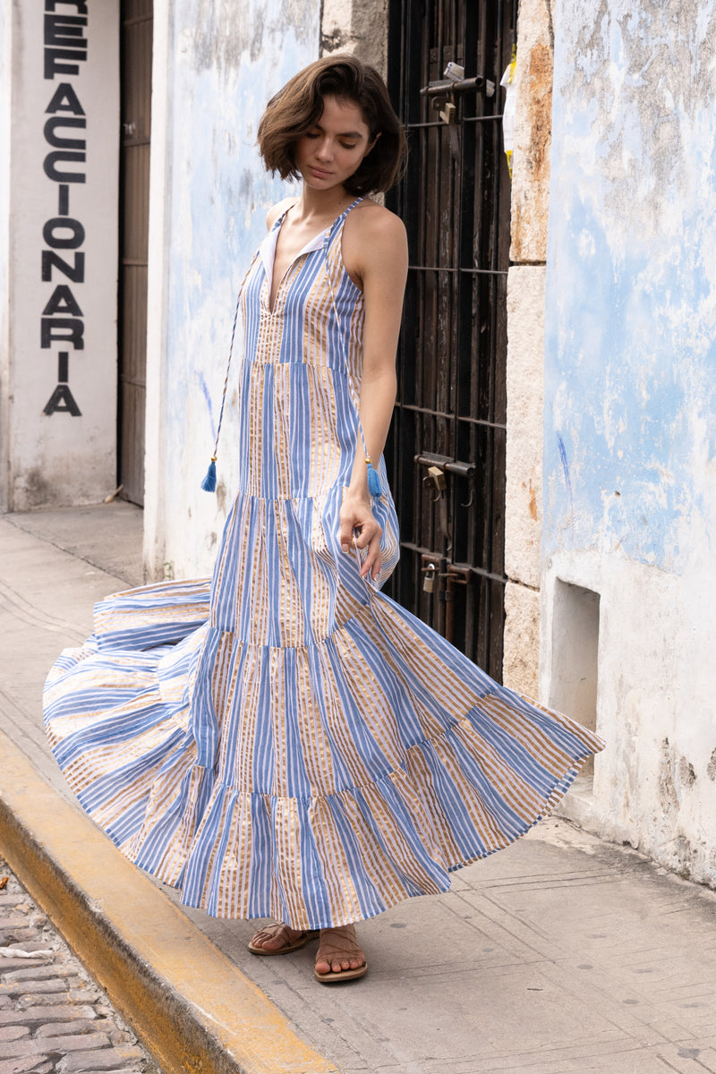 Long Tiered Tassel Dress- Samoa Blue Gold