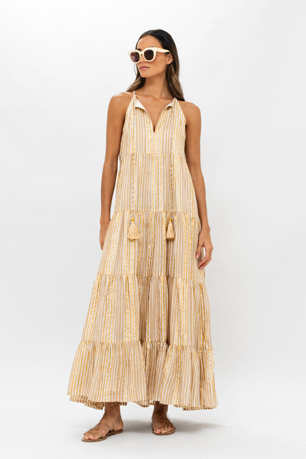 Long Tiered Tassel Dress- Samoa Tan Gold