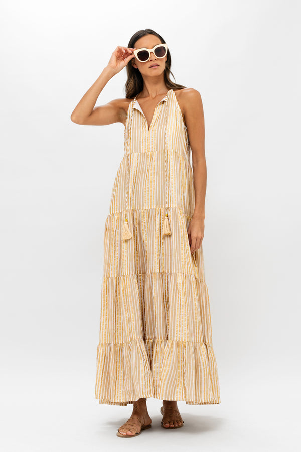 Long Tiered Tassel Dress- Samoa Tan Gold