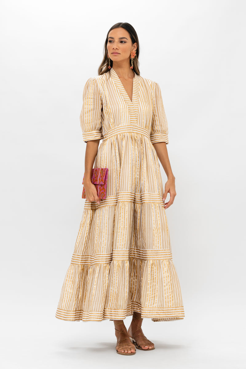 V-Neck Cuffed Maxi- Samoa Tan Gold