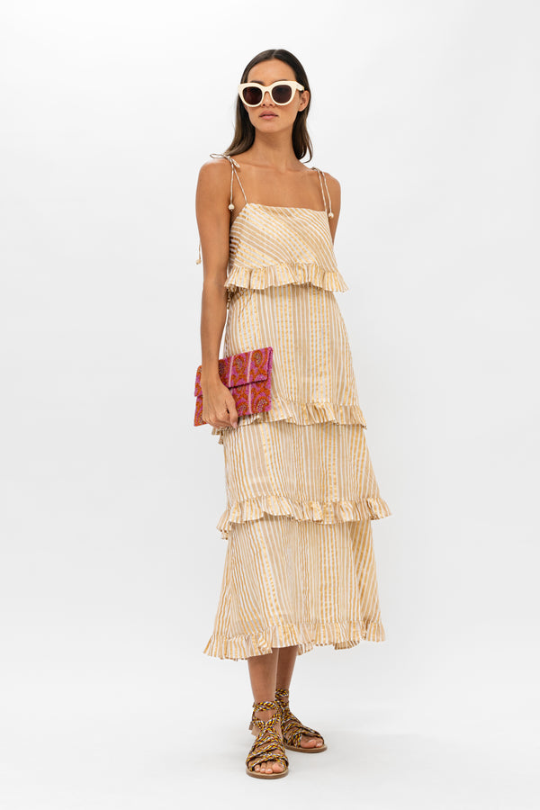 Tie Strap Ruffle Midi- Samoa Tan Gold