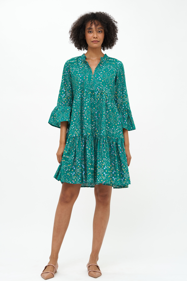 Bell Sleeve Tiered Mini- Shibori Green