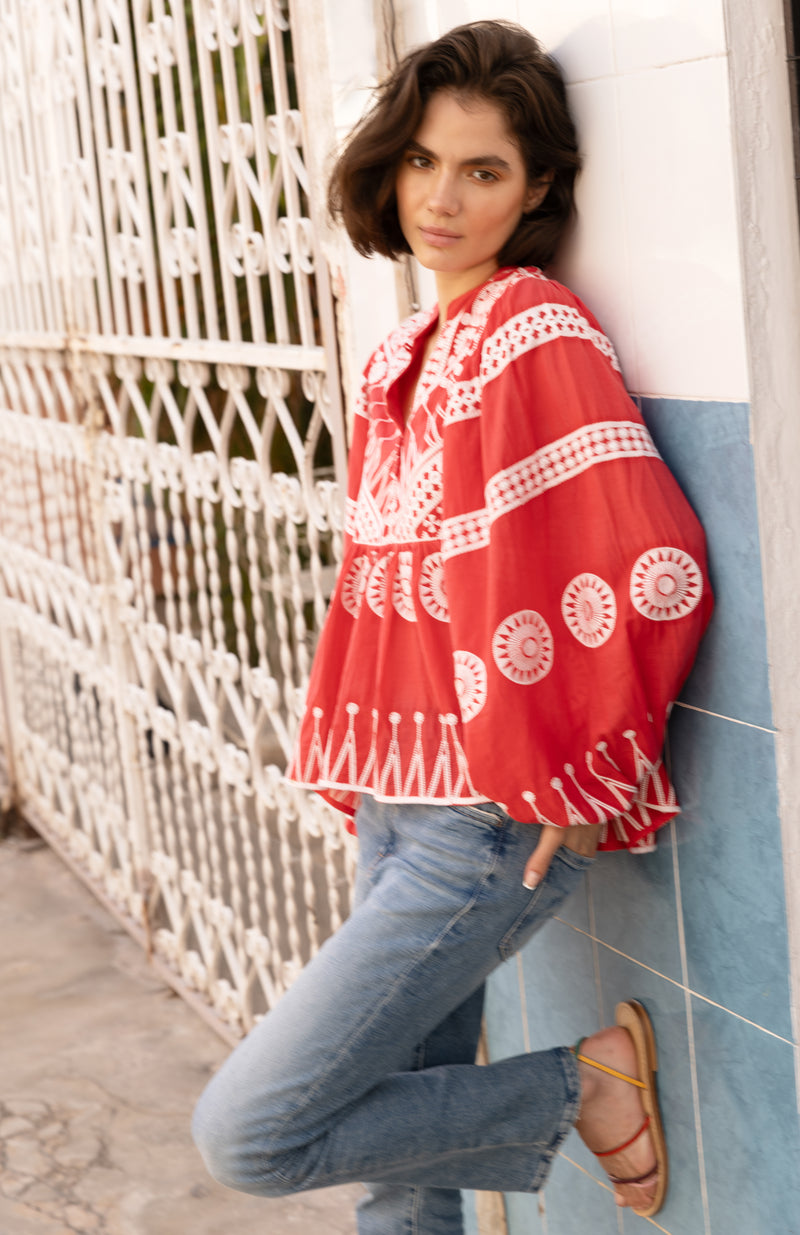 Mandarin Balloon Sleeve Top- Soleil Red