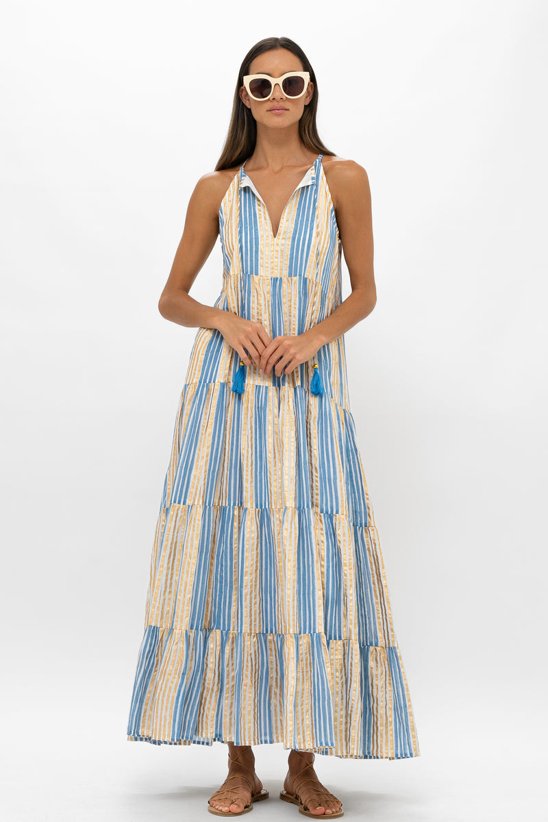 Long Tiered Tassel Dress- Samoa Blue Gold