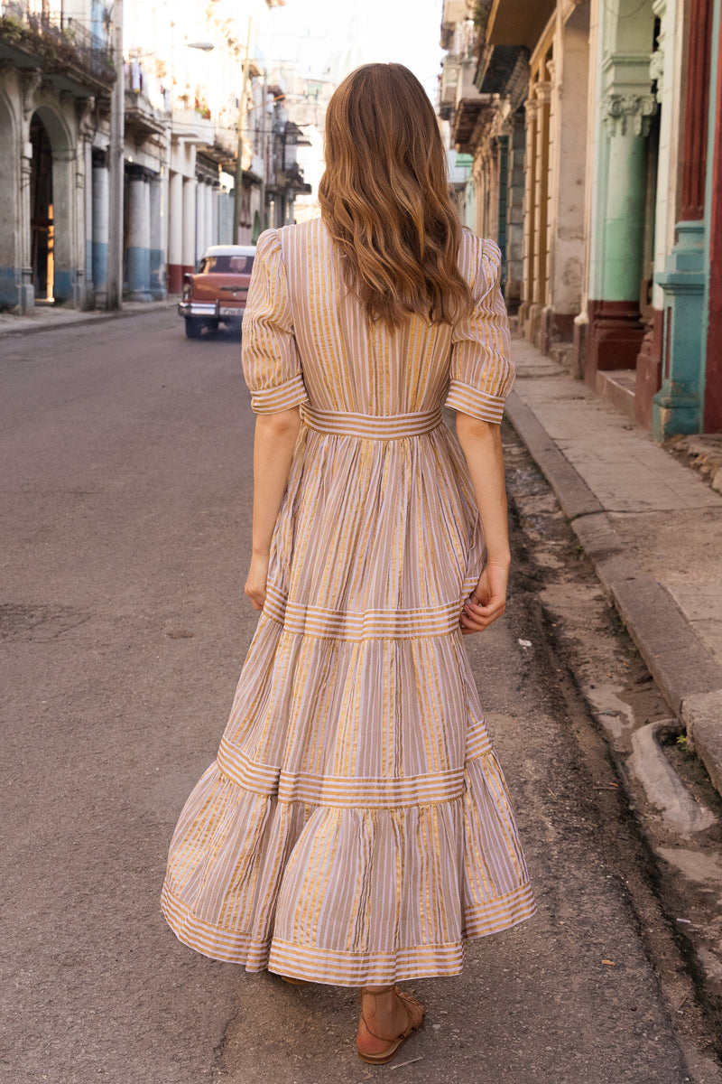 V-Neck Cuffed Maxi- Samoa Tan Gold