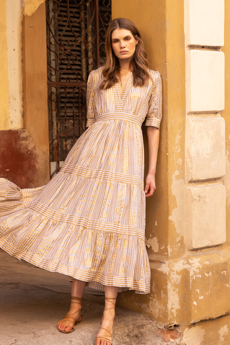 V-Neck Cuffed Maxi- Samoa Tan Gold