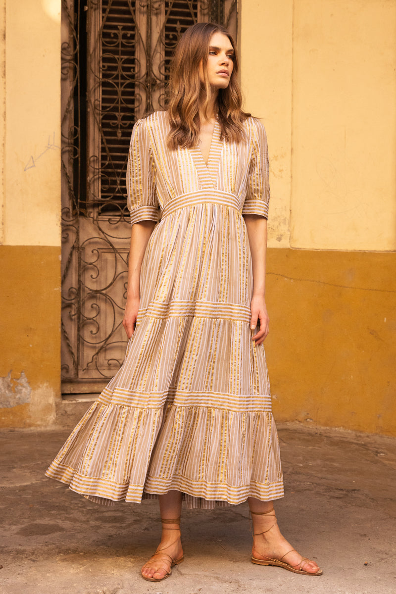 V-Neck Cuffed Maxi- Samoa Tan Gold