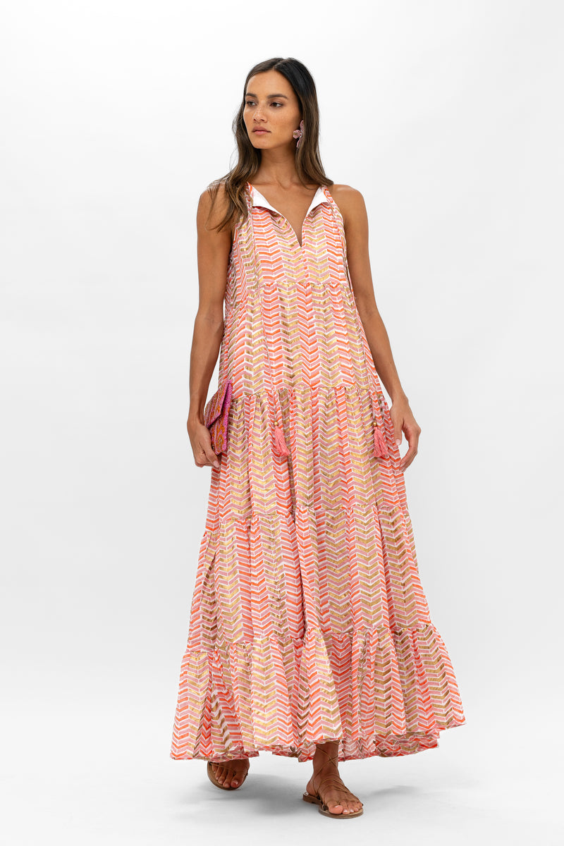 Long Tiered Tassel Dress- Sonoma Orange