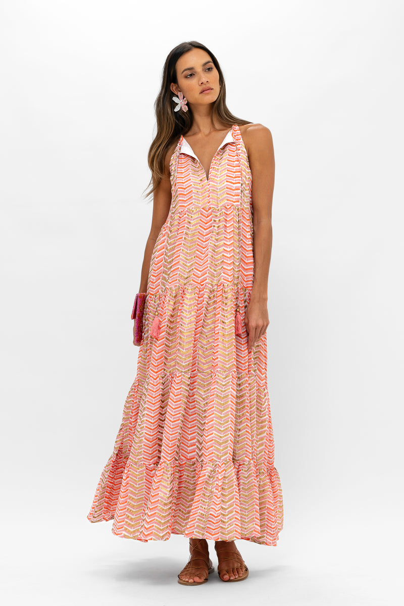 Long Tiered Tassel Dress- Sonoma Orange