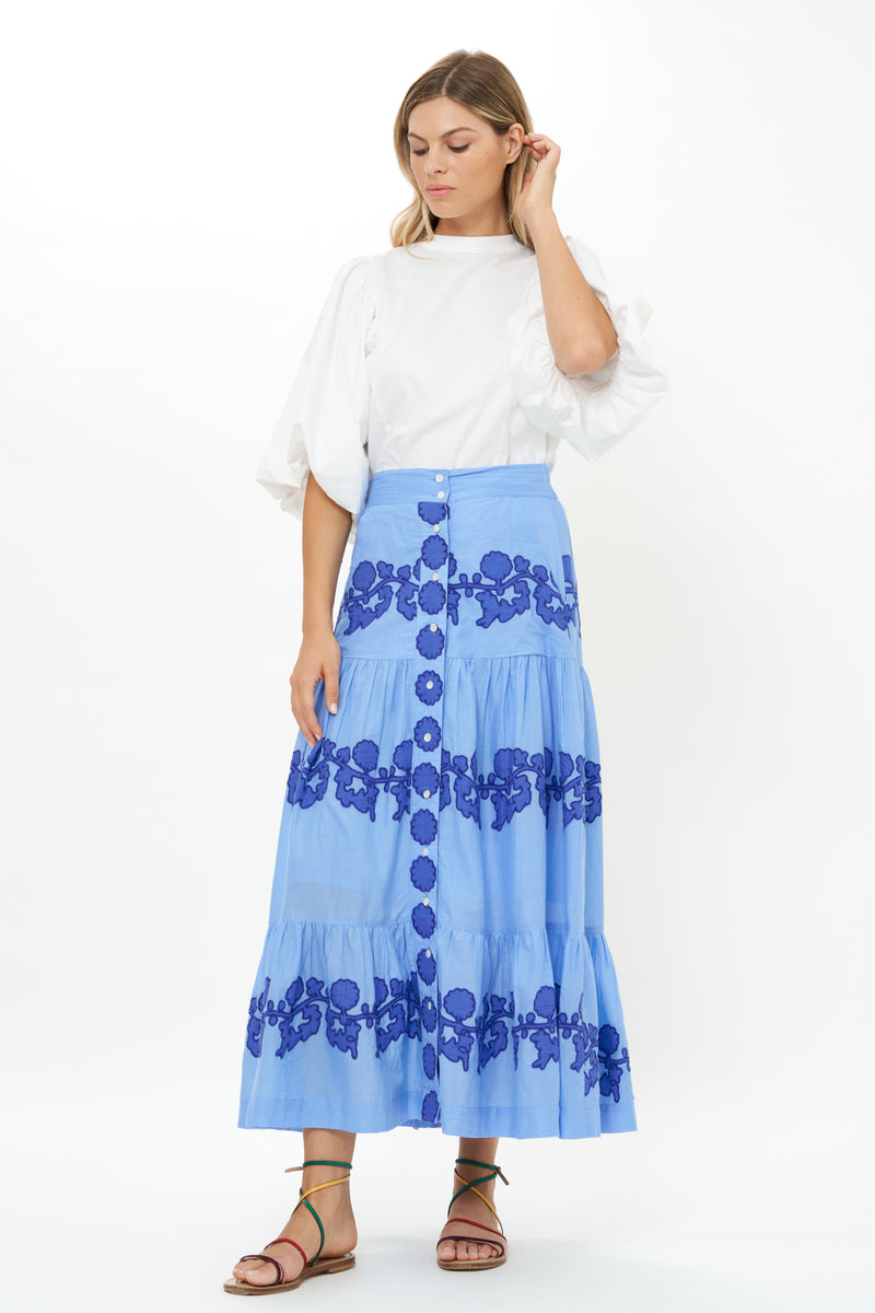 Button Front Skirt- Tangier Blue