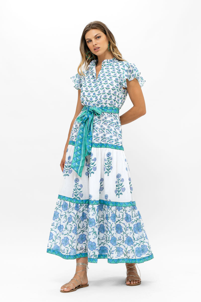 Ruffle Collar Button Maxi- Terra Blue