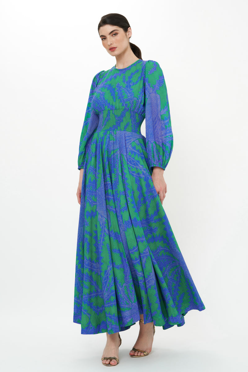 Crew Neck Smocked Waist Maxi- Thistle Green