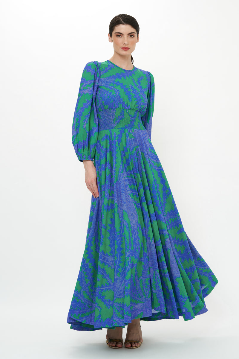 Crew Neck Smocked Waist Maxi- Thistle Green