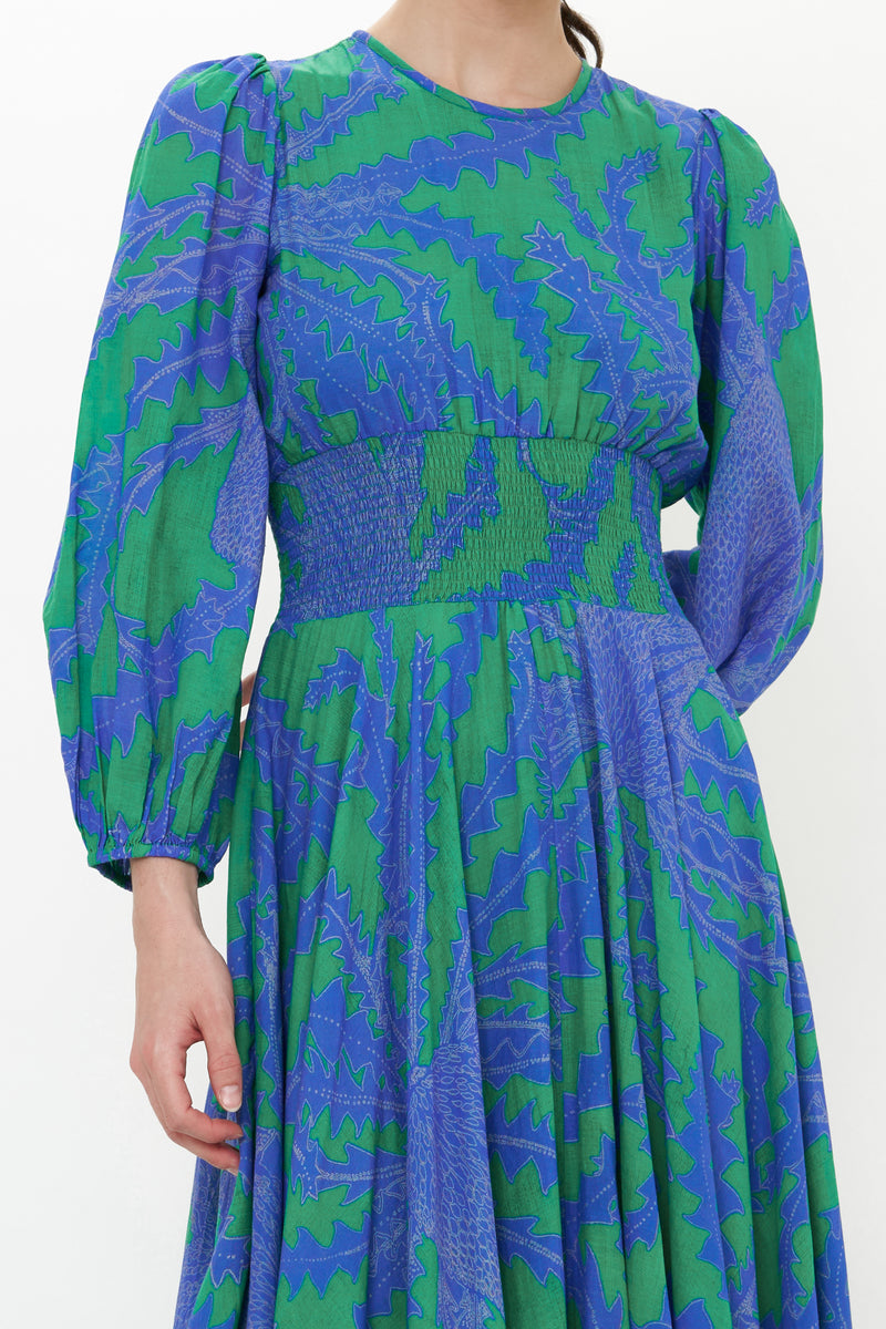 Crew Neck Smocked Waist Maxi- Thistle Green