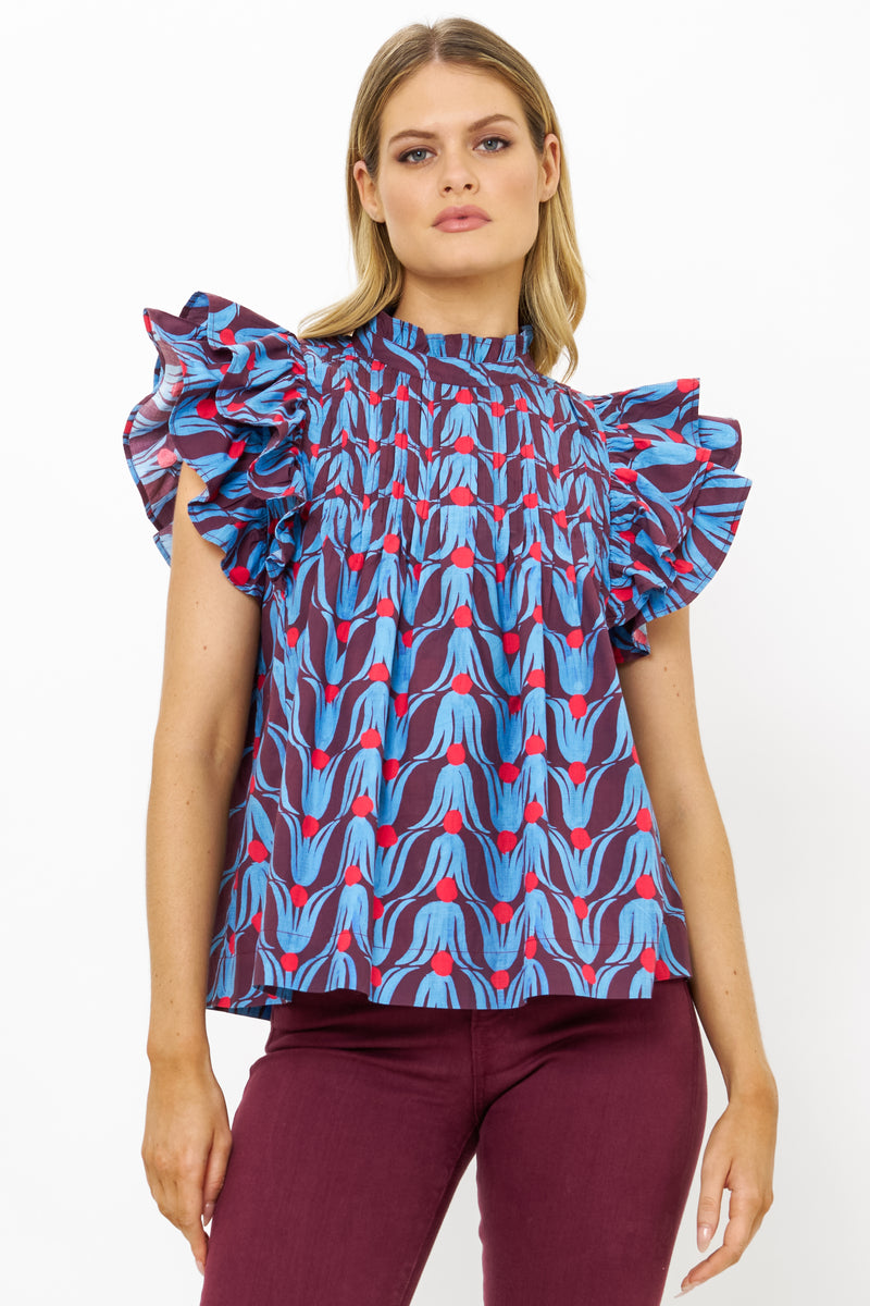 Pintuck Ruffle Top- Tulip Red