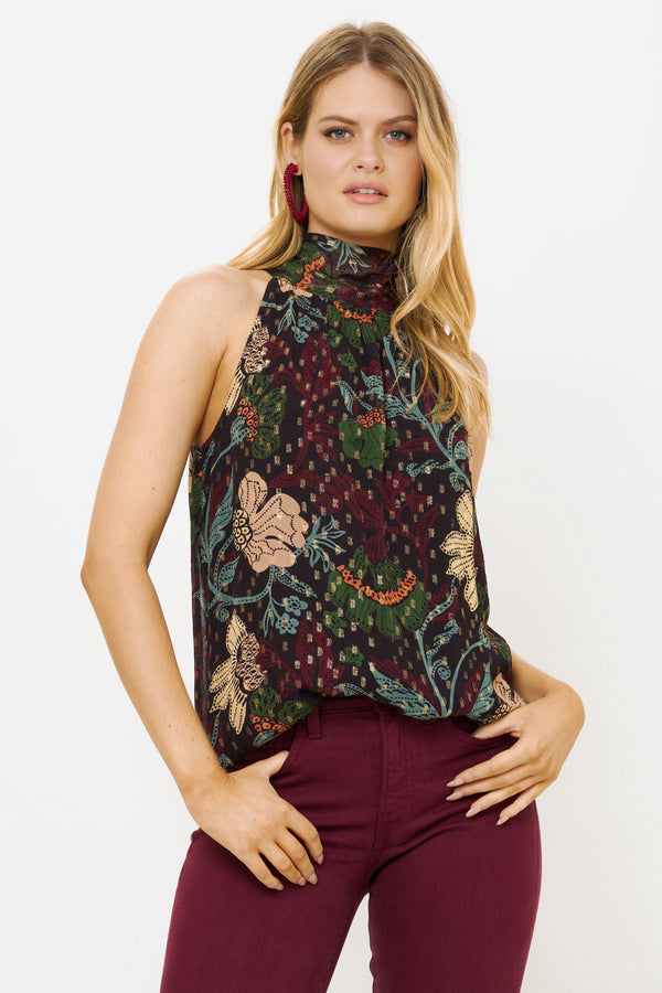 Sleeveless Tie Neck Top- Turin Wine