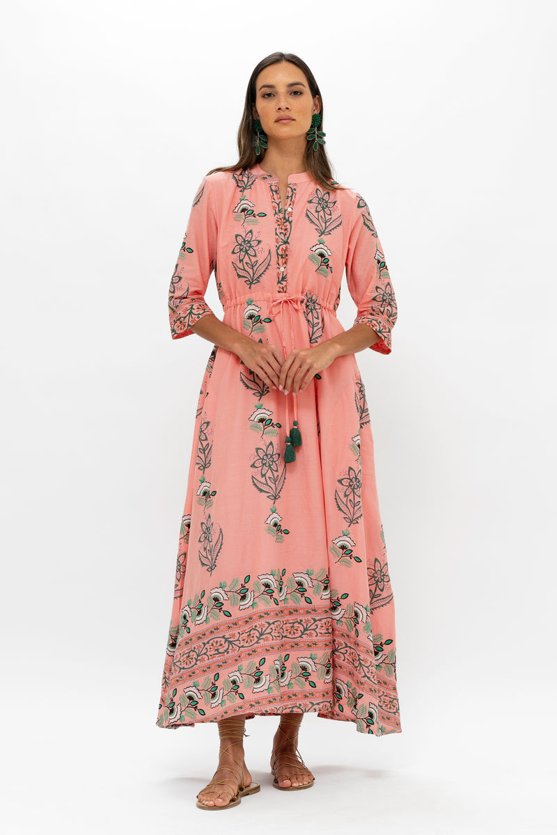 Cinched Shirt Dress Maxi- Udaipur Coral