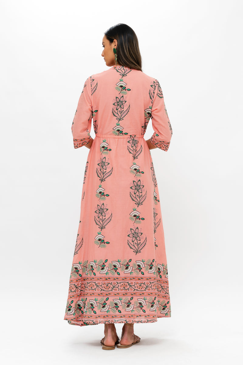 Cinched Shirt Dress Maxi- Udaipur Coral