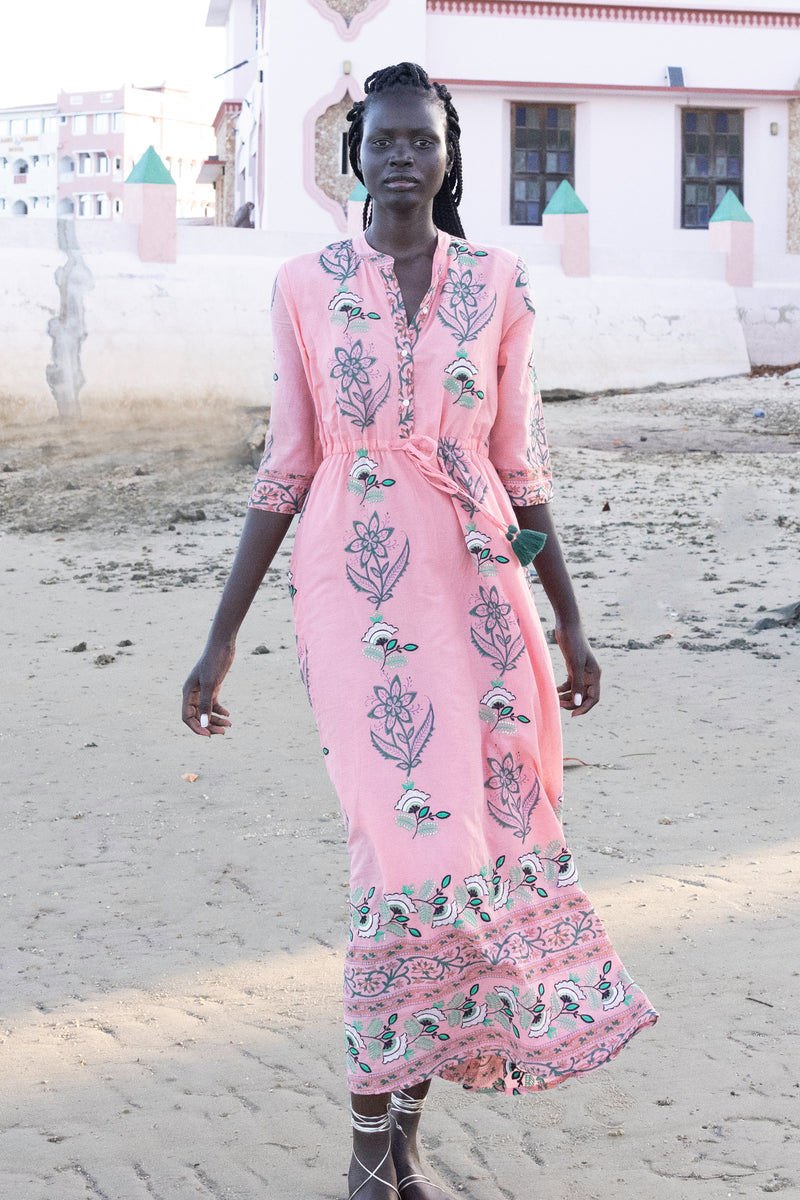 Cinched Shirt Dress Maxi- Udaipur Coral