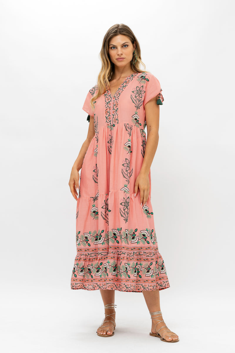 Tie Sleeve Maxi- Udaipur Coral