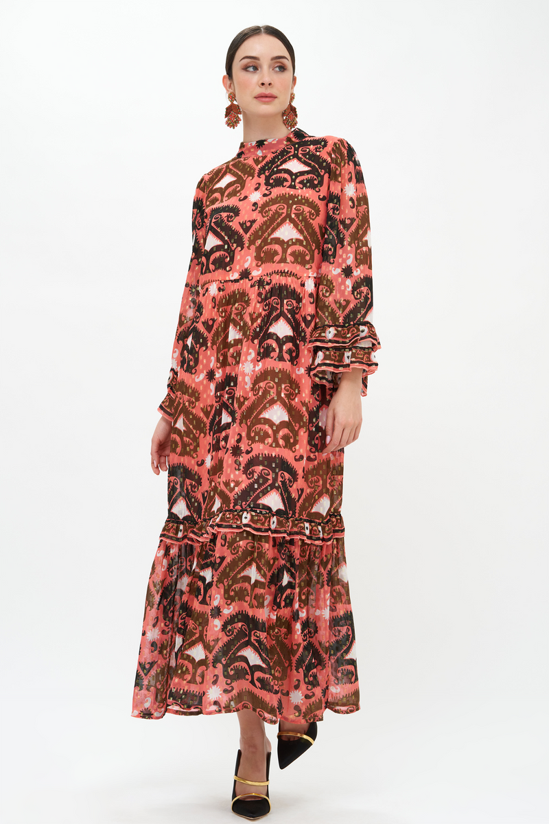 Mock Neck Ruffle Sleeve Maxi- Uzbek Brick