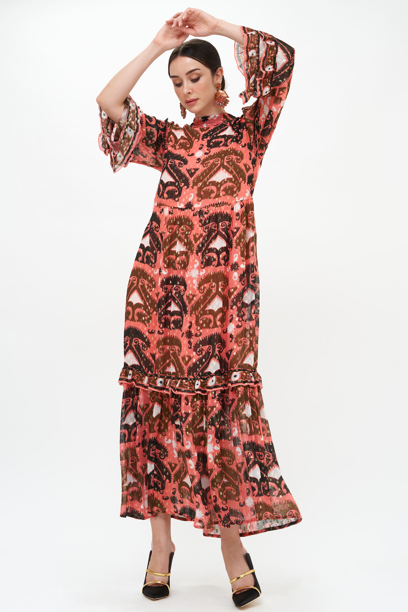 Mock Neck Ruffle Sleeve Maxi- Uzbek Brick