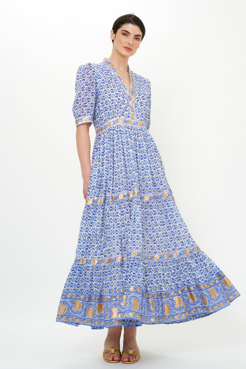 V-Neck Cuffed Maxi- Veranda Blue