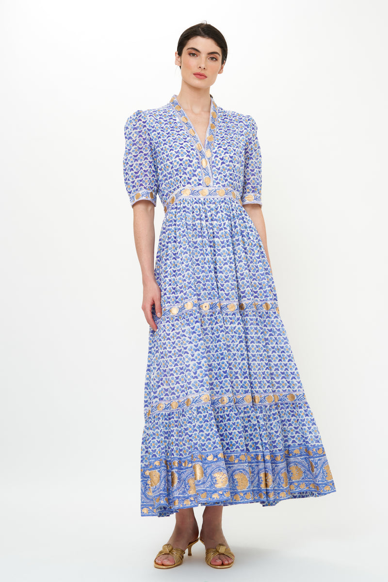 V-Neck Cuffed Maxi- Veranda Blue