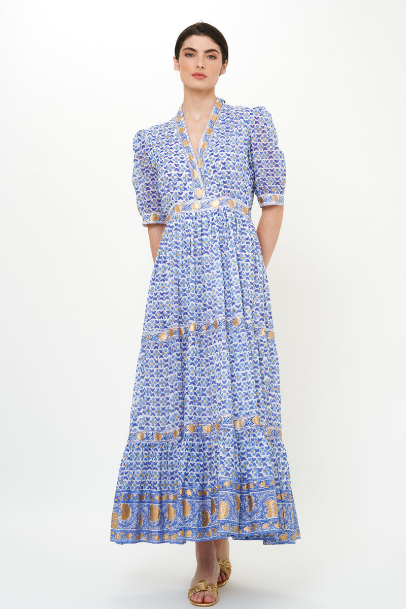 V-Neck Cuffed Maxi- Veranda Blue