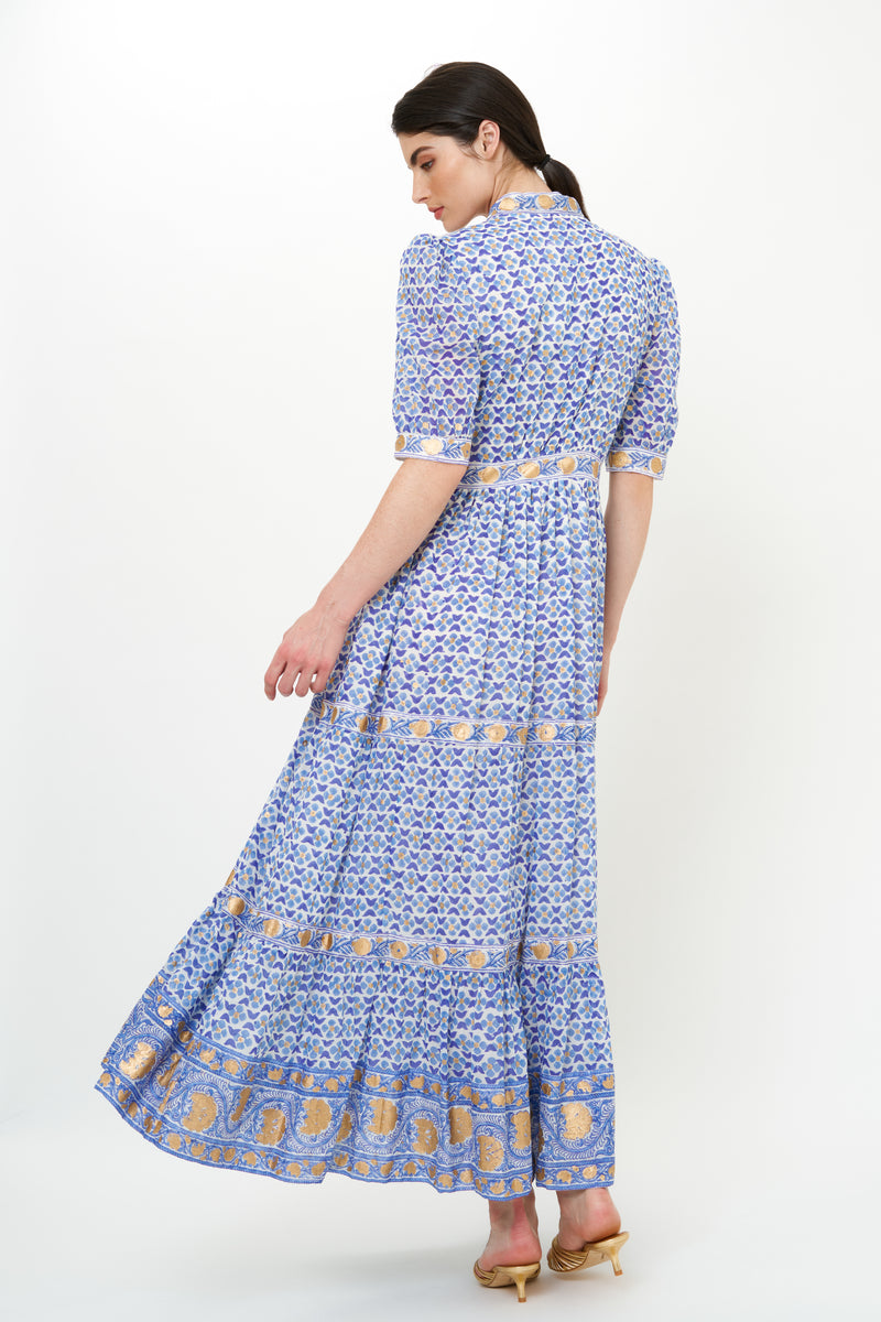 V-Neck Cuffed Maxi- Veranda Blue