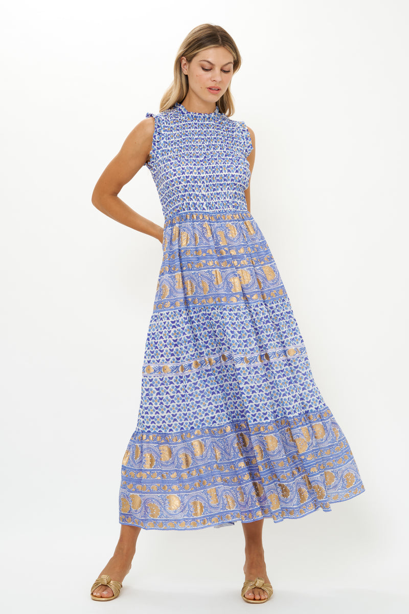 Sleeveless Smocked Maxi- Veranda Blue