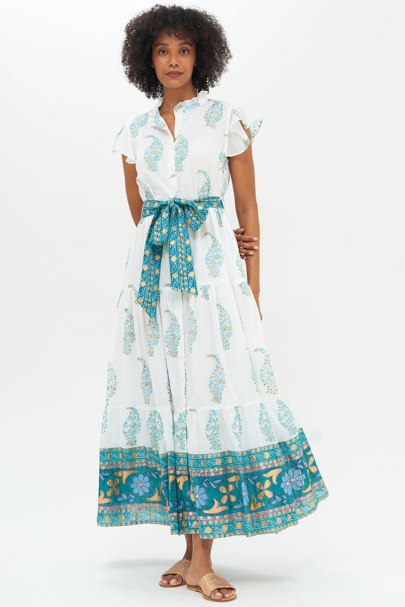 Ruffle Collar Button Maxi- Roma Turquoise