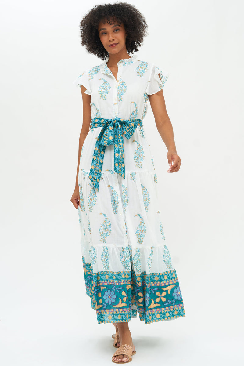 Ruffle Collar Button Maxi- Roma Turquoise